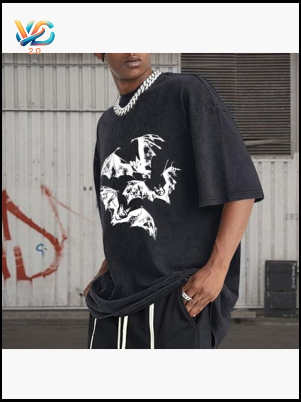 Oversized Bat Graphic Tee Vintage Acid Wash Cotton Y2K Streetwear T-Shirt - Picture 5 of 7